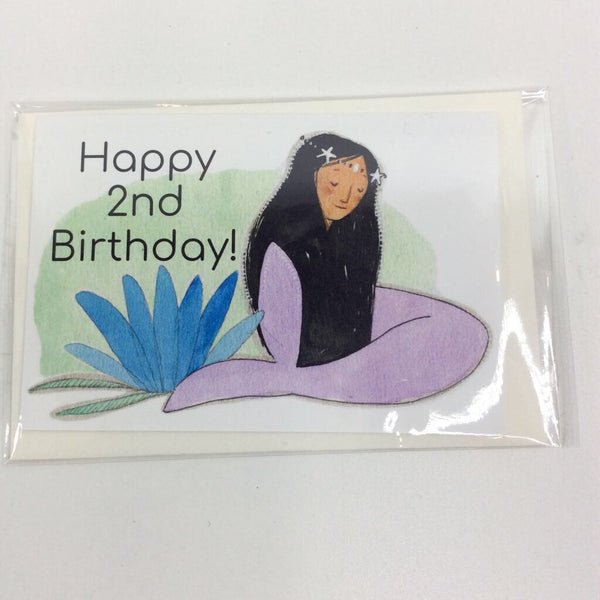 Clover Brown Locally Made Watercolor Greeting Card - Lavender Mermaid 'Happy 2nd Birthday' (small)